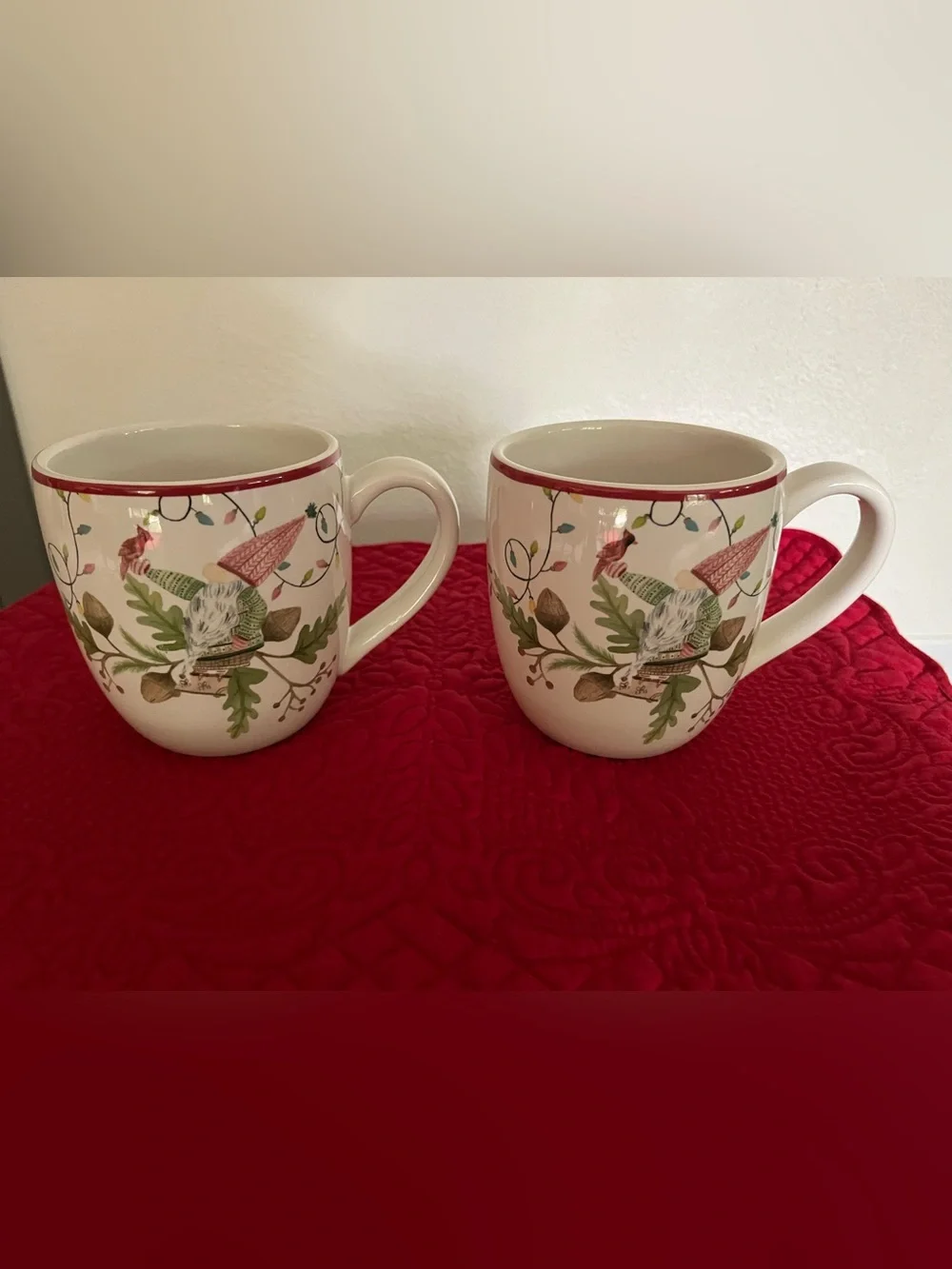 Pottery Barn White Holiday Gnome Mugs with Red Trim (Set of 2)